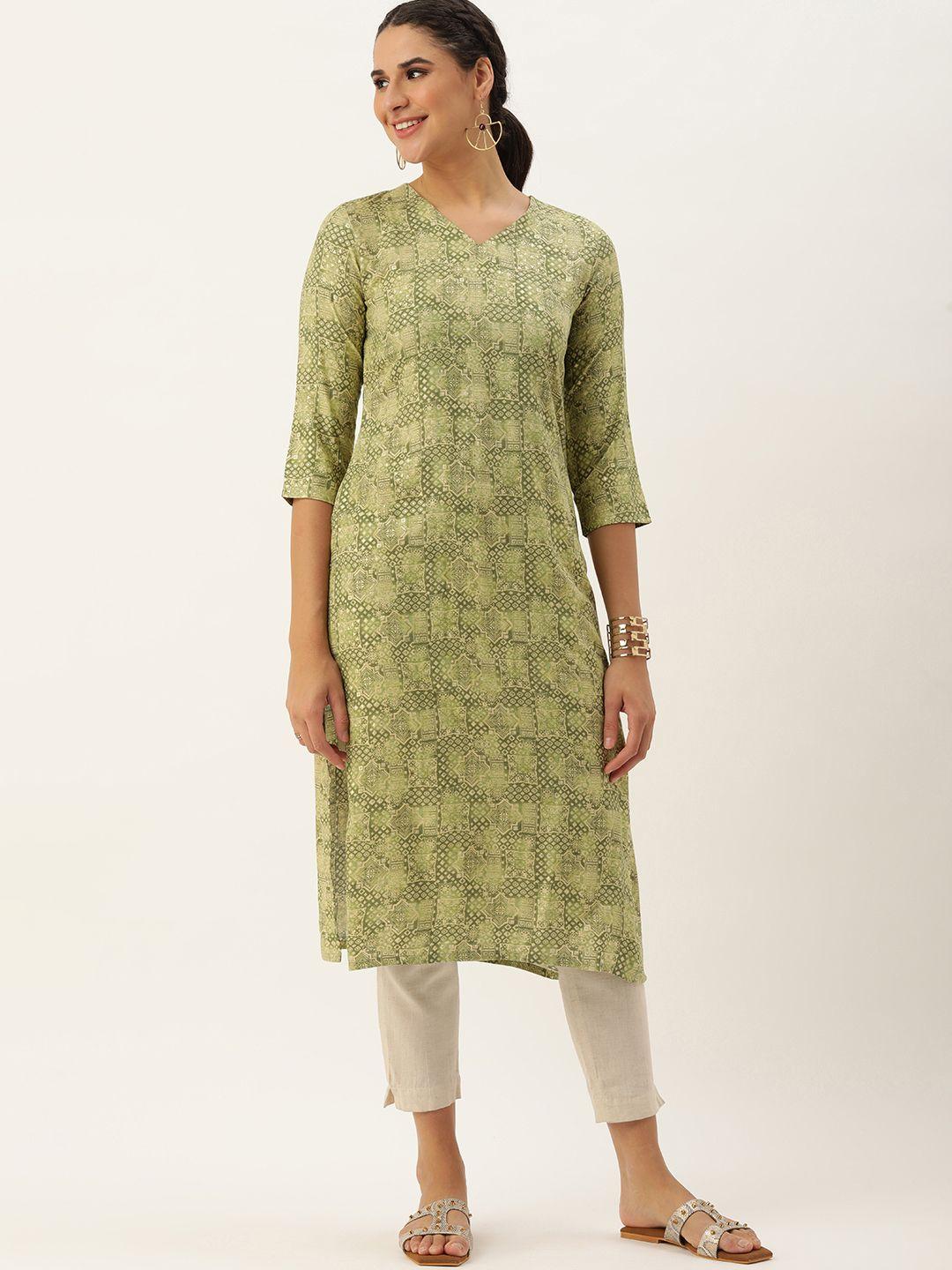 saanjh women green ethnic motifs printed kurta