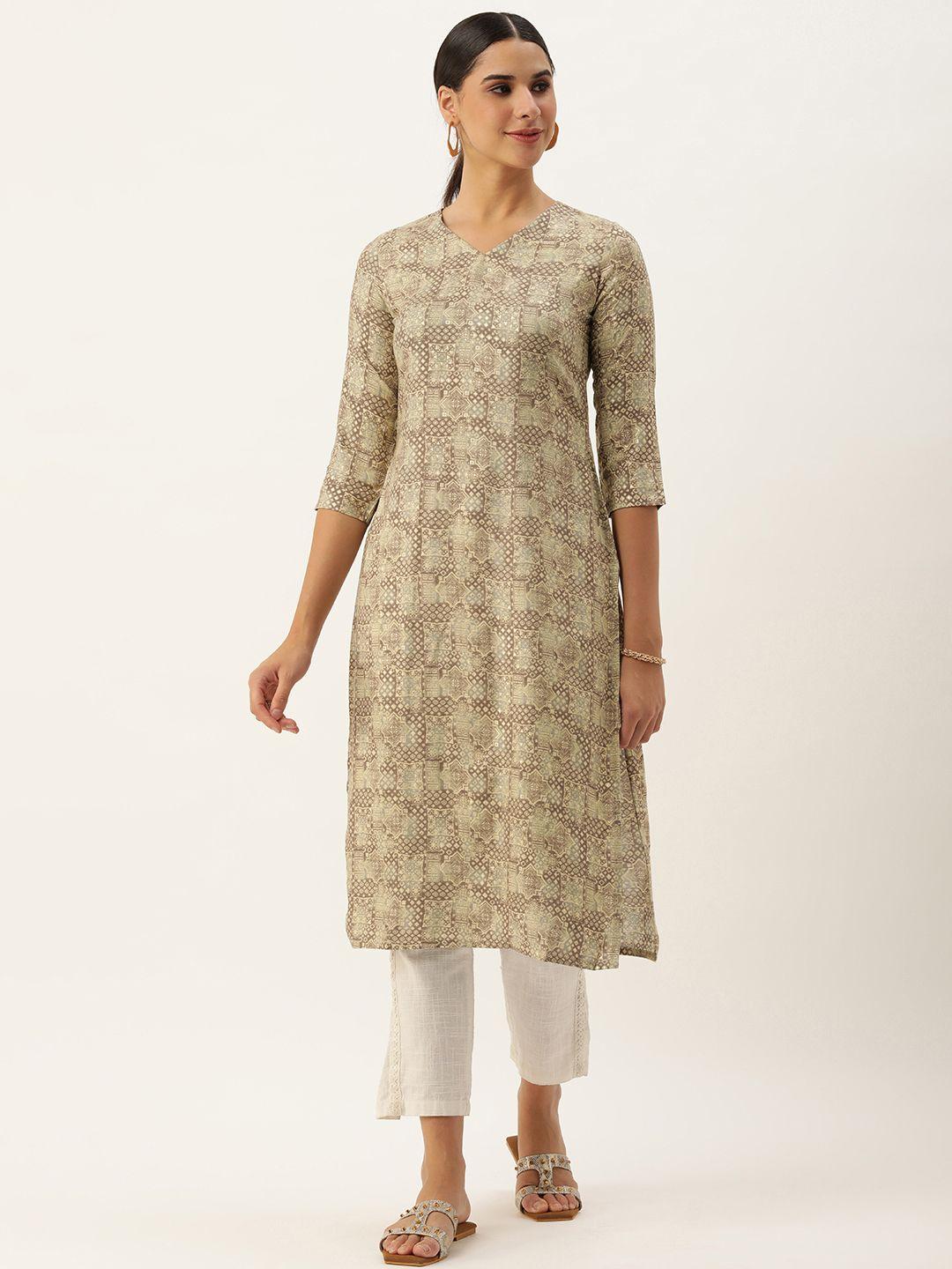 saanjh women grey ethnic motifs printed kurta