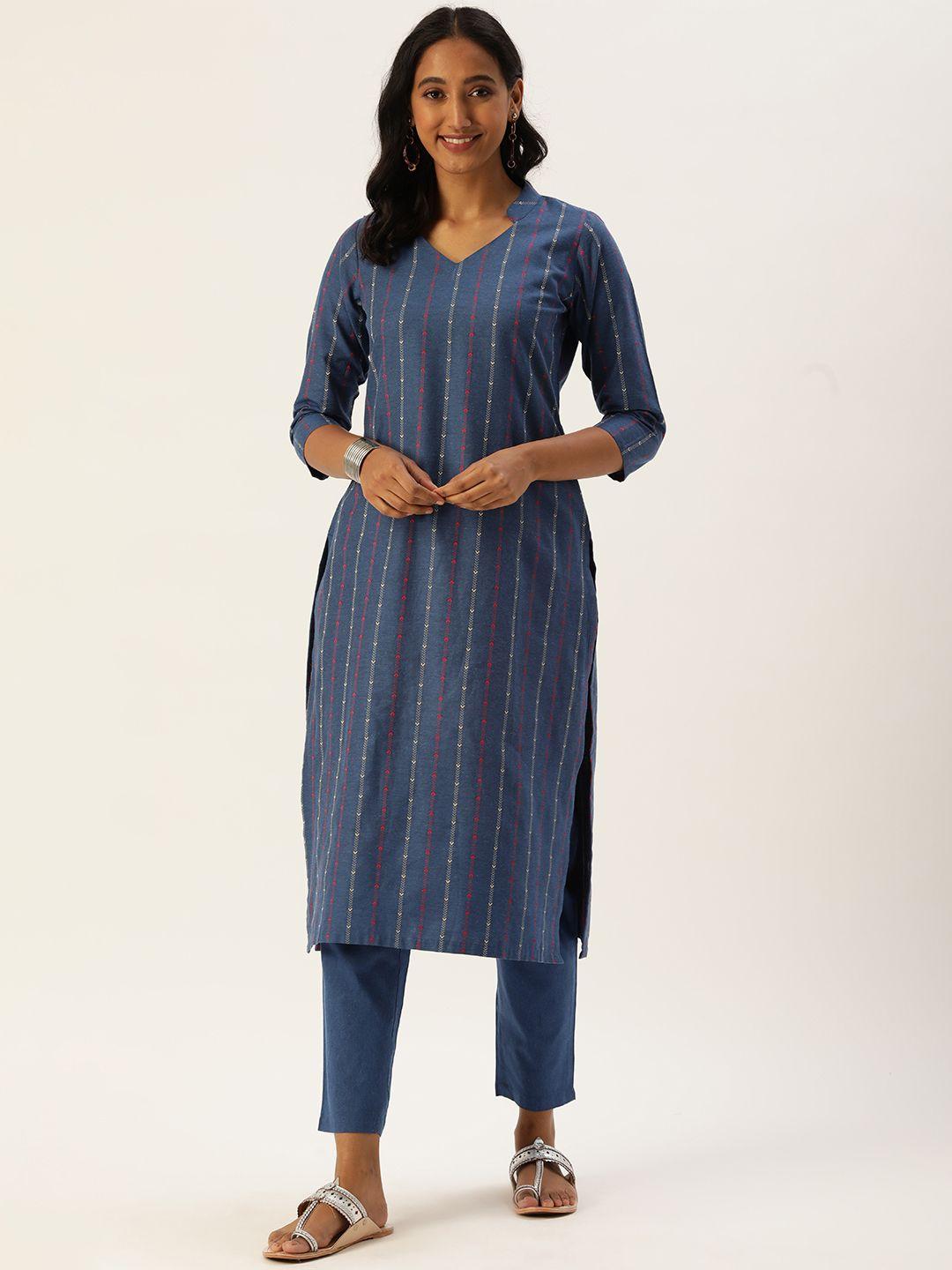 saanjh women light blue cotton blend woven designed kurti with trousers