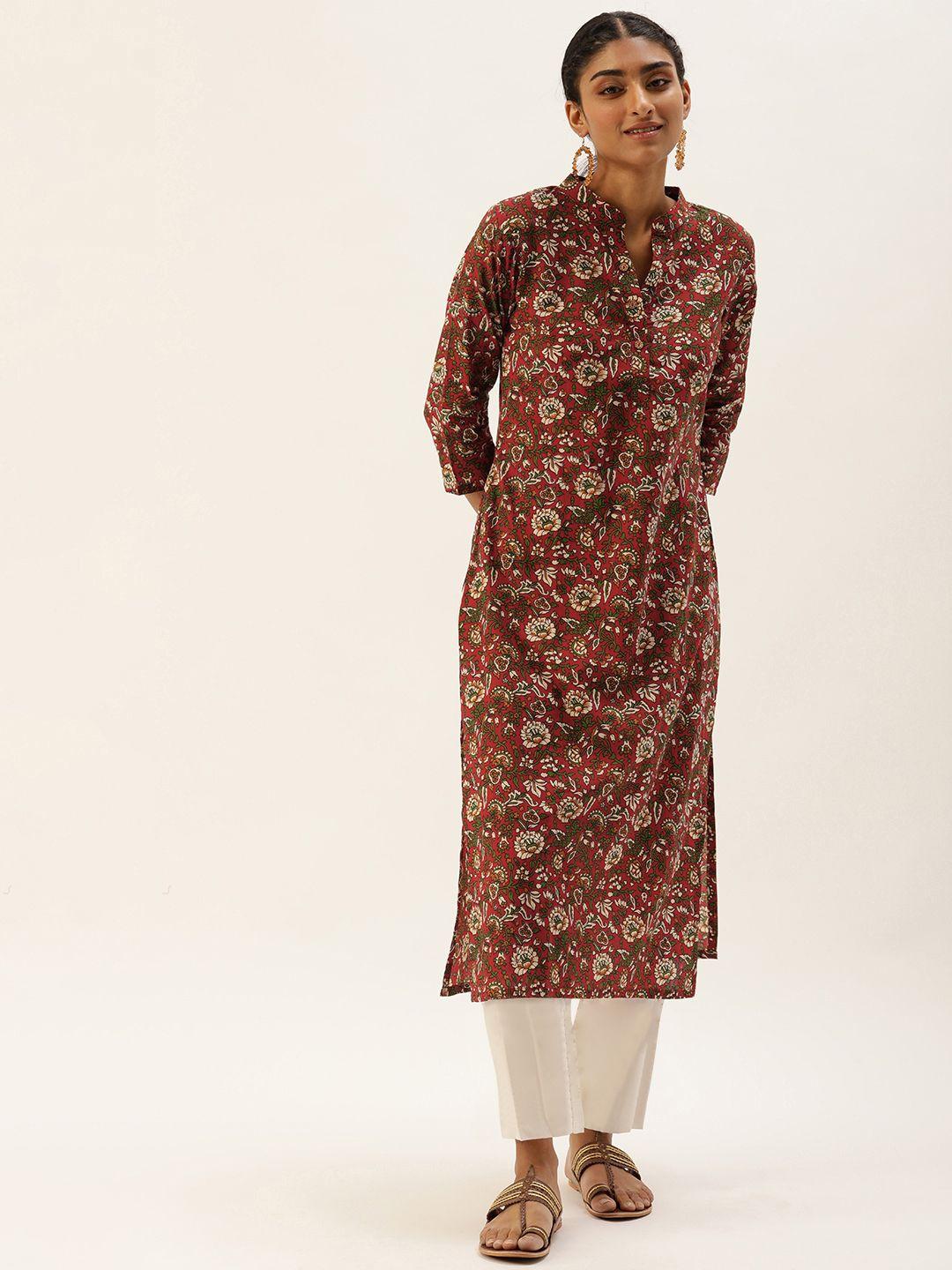 saanjh women maroon & off white pure cotton floral print kurta