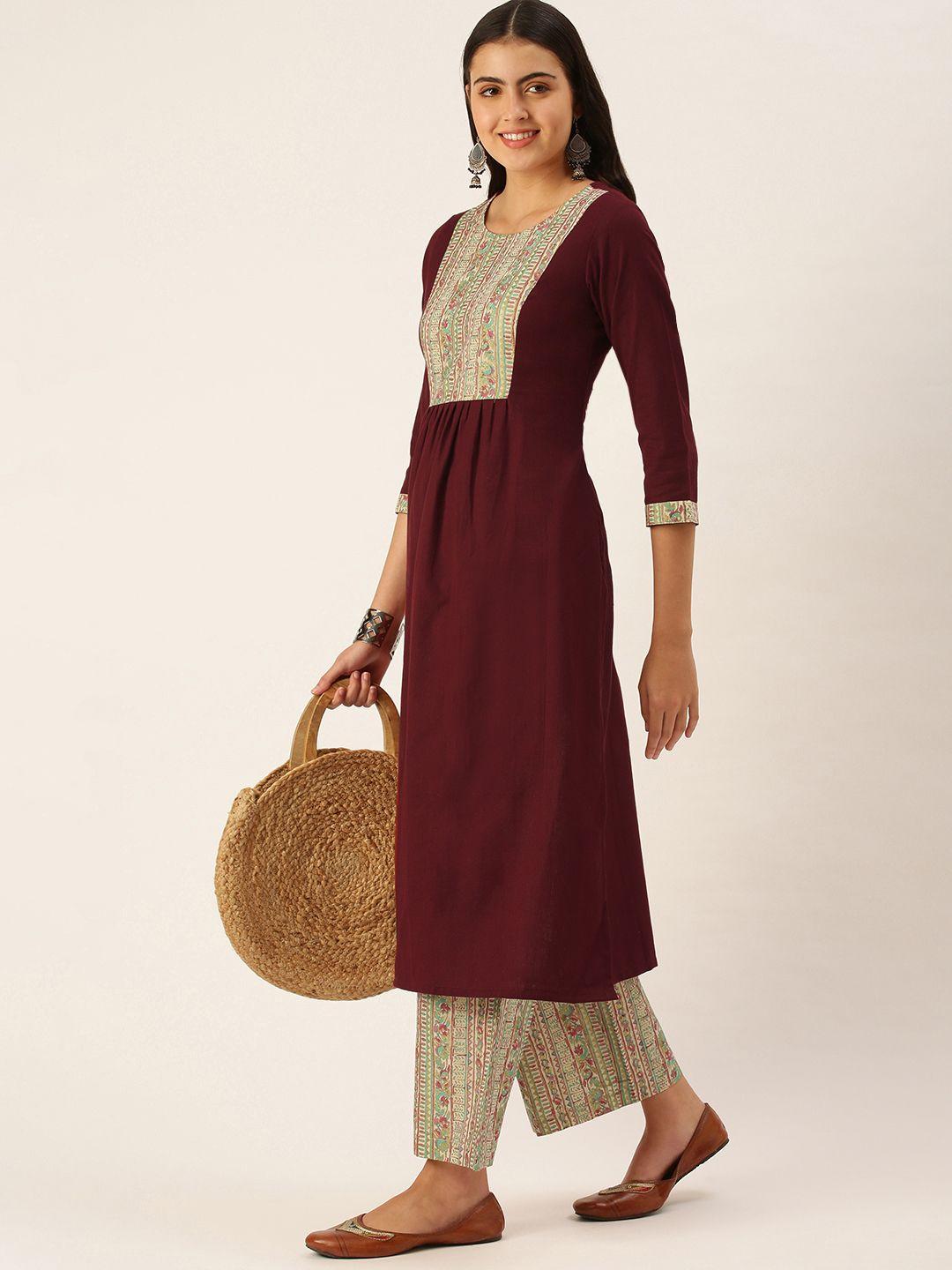 saanjh women maroon pure cotton kurta with trousers