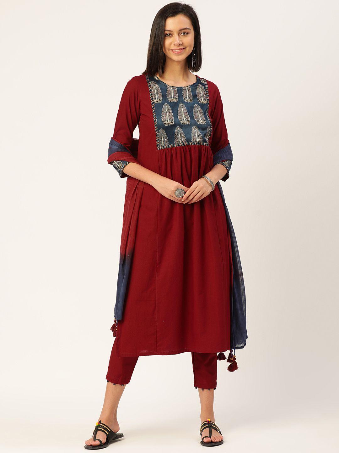 saanjh women maroon yoke design empire zardozi pure cotton kurta with trousers & with dupatta