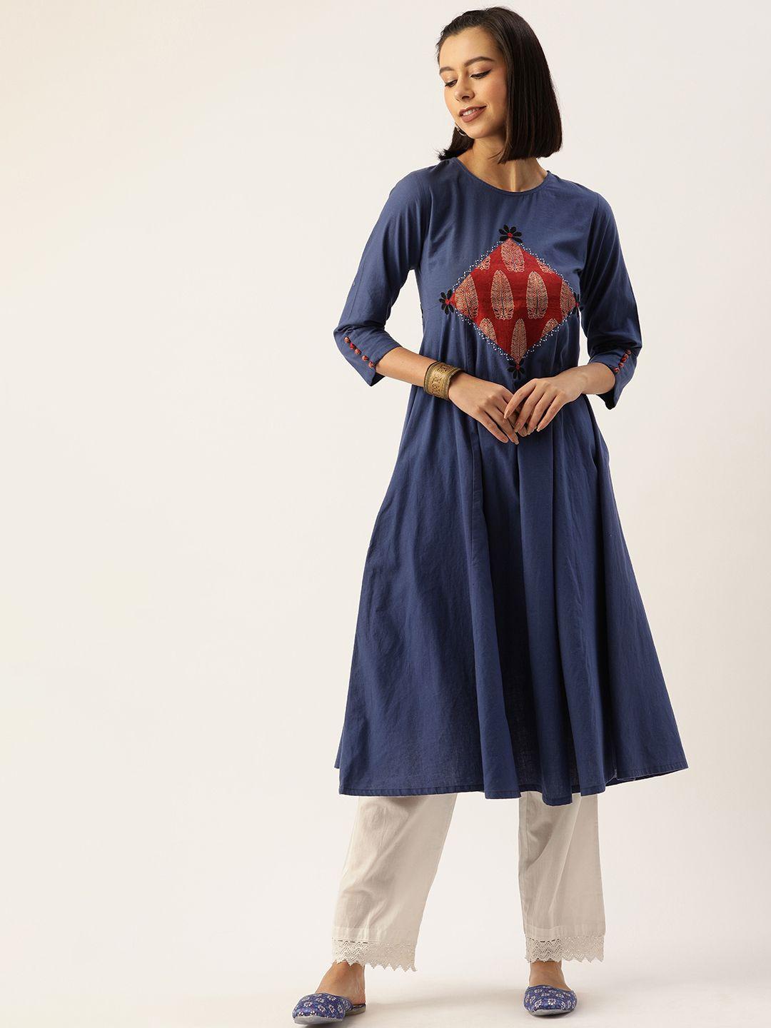 saanjh women navy blue & red patchwork detail kurta