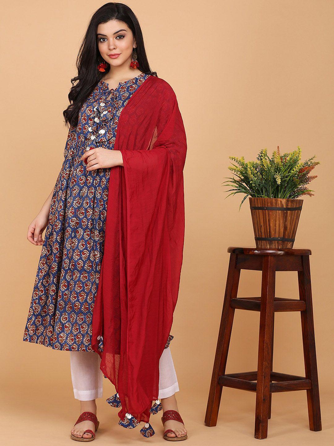 saanjh women navy blue ethnic motifs printed empire pure cotton kurta with palazzos & with dupatta