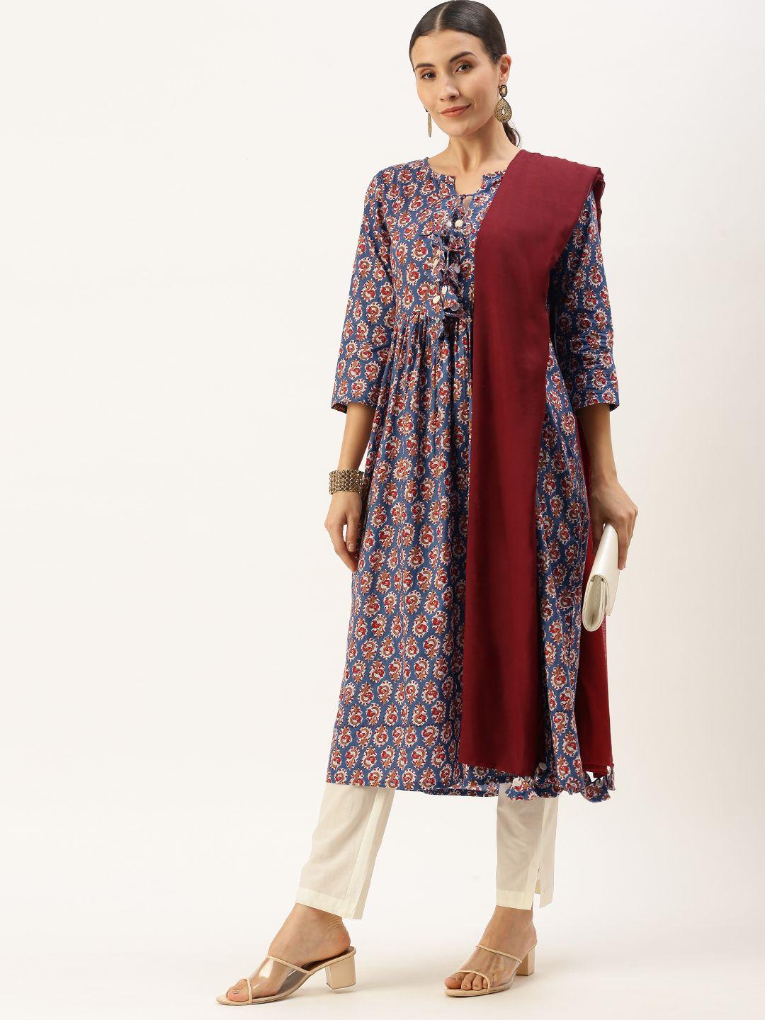 saanjh women navy blue ethnic motifs printed regular pure cotton kurta with palazzos & with dupatta