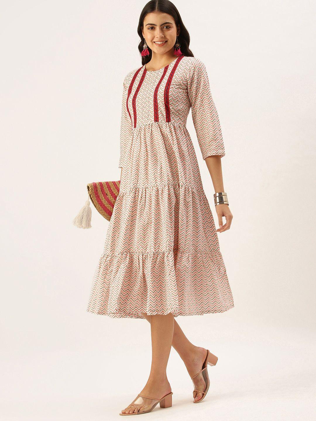 saanjh women off-white & peach-coloured chevron print tiered cotton a-line midi dress