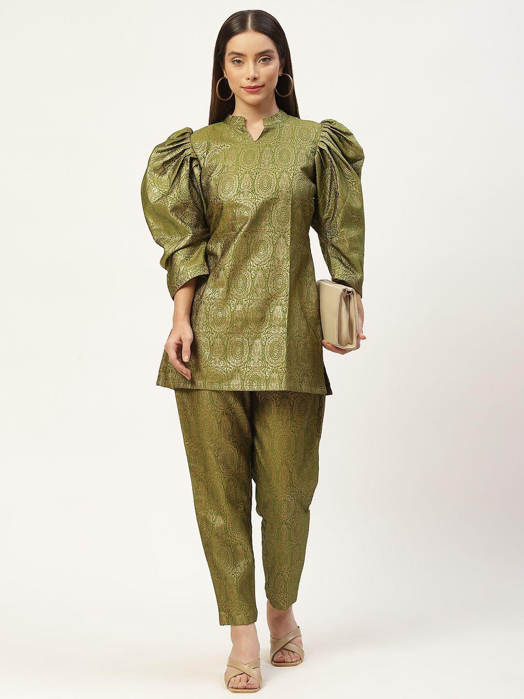 saanjh women olive green & golden woven design co-ords  set
