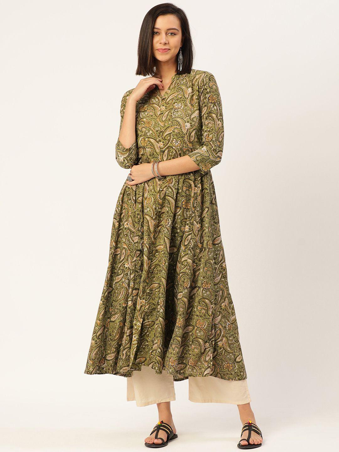 saanjh women olive green ethnic motifs printed kantha work pure cotton kurta with palazzos