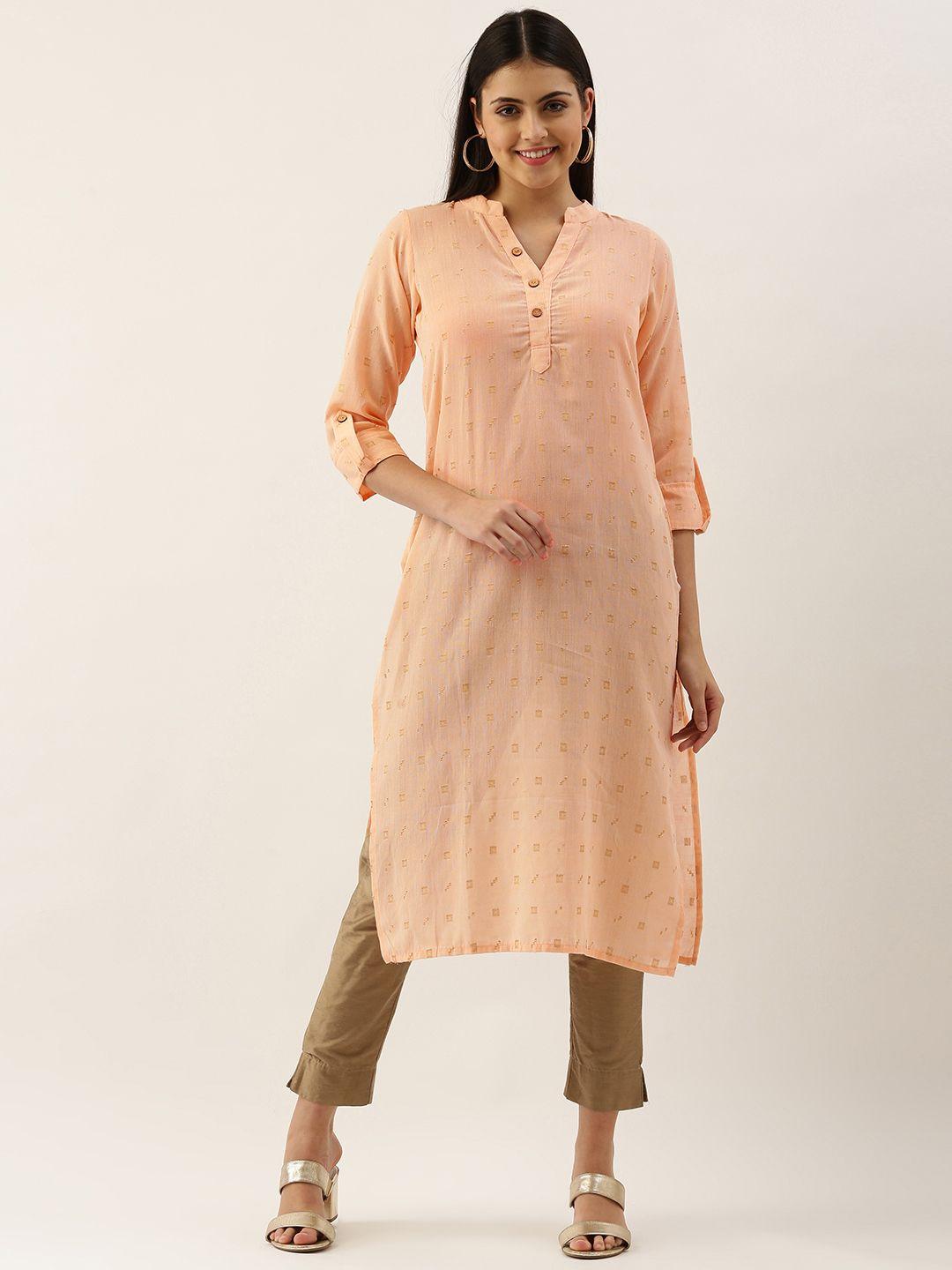 saanjh women peach-coloured geometric cotton straight kurta