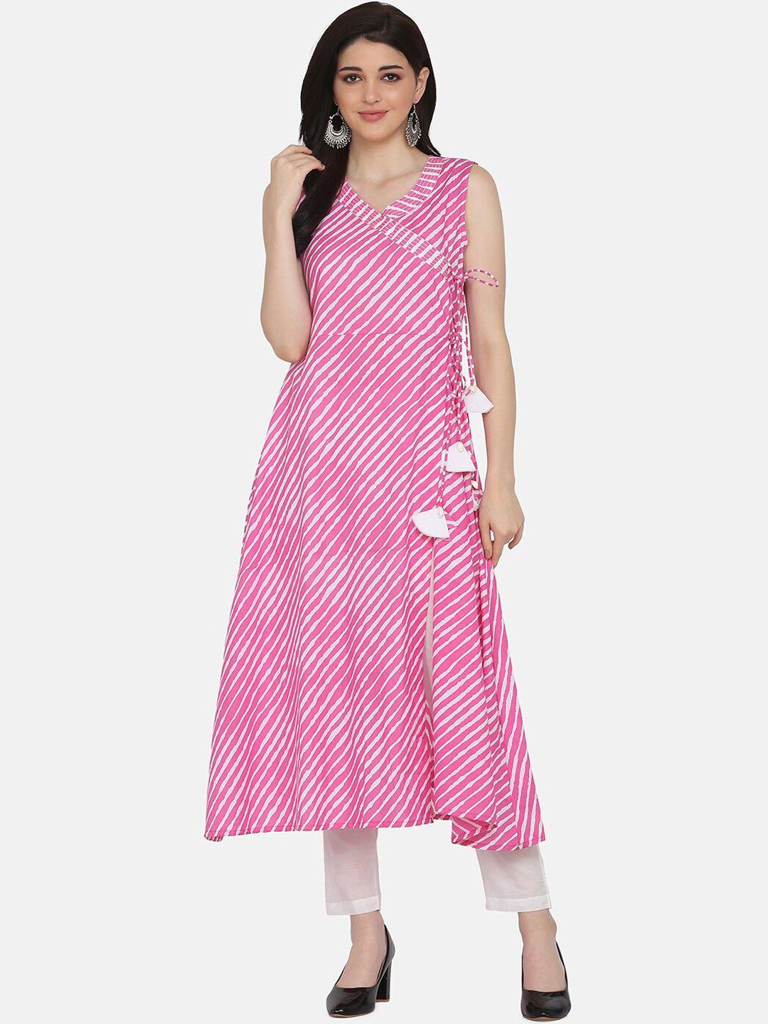 saanjh women pink & white striped kurta with trousers