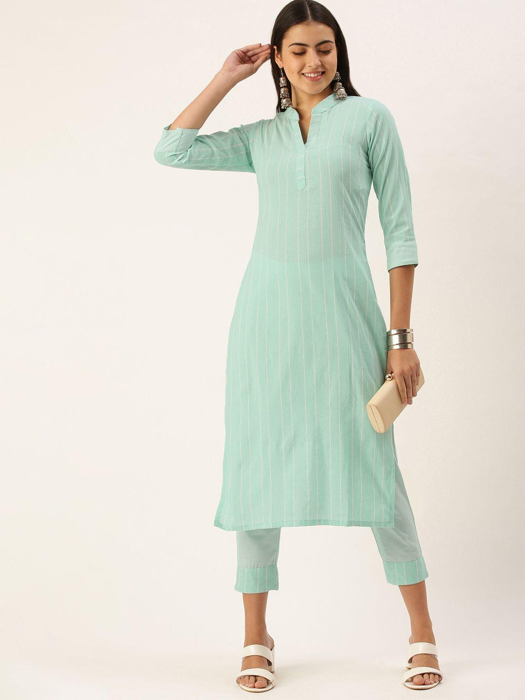 saanjh women turquoise blue striped pure cotton kurta with trousers