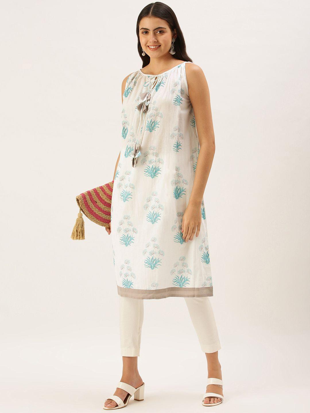 saanjh women white & sea green ethnic motifs print cotton a-line kurta