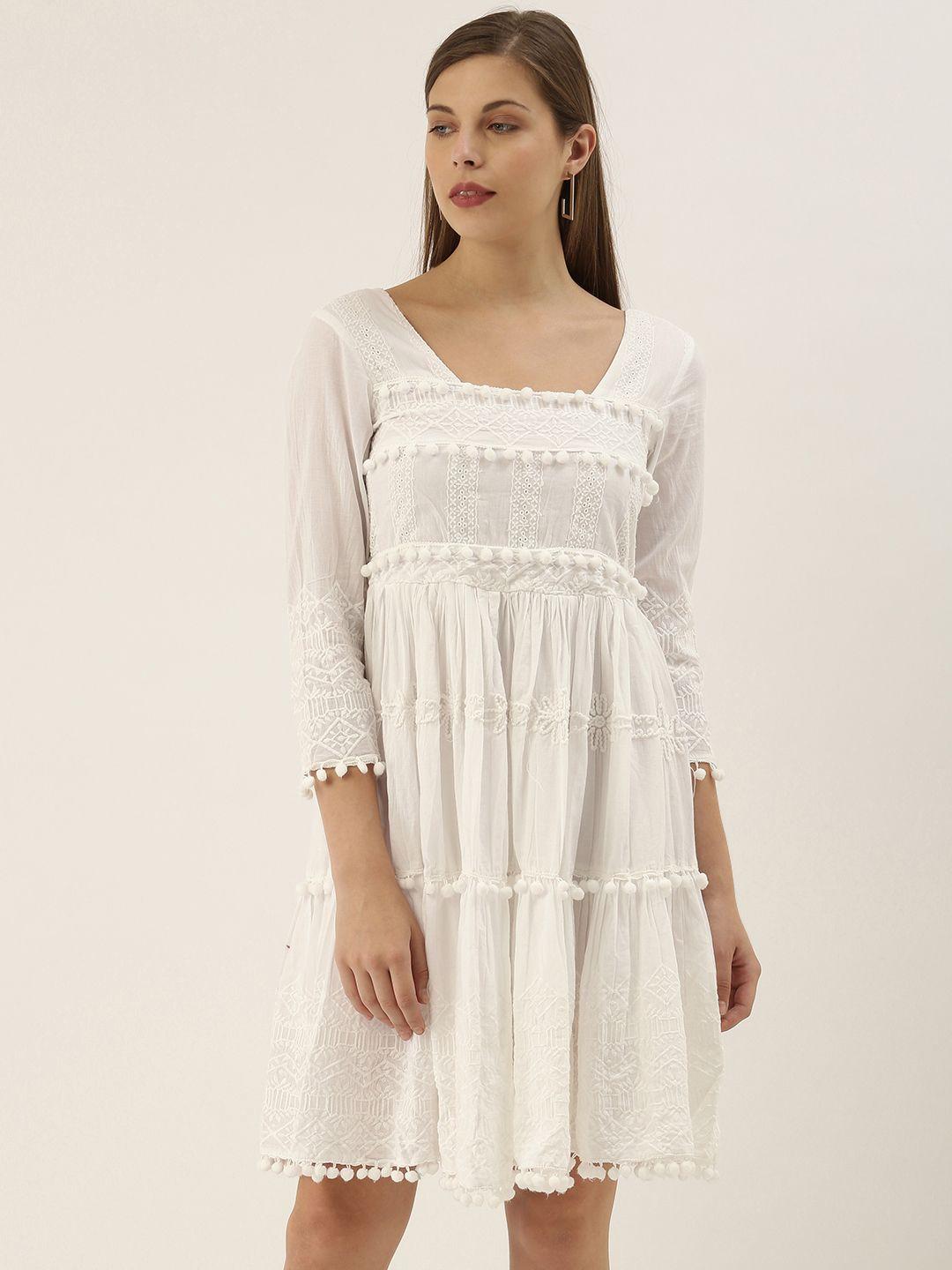 saanjh women white embroidered tiered fit and flare dress with pom pom detailing
