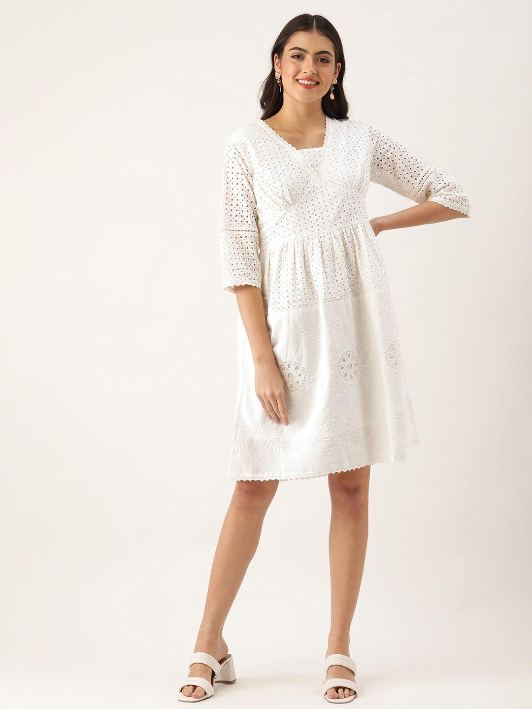 saanjh women white embroidered v-neck schiffli a-line dress