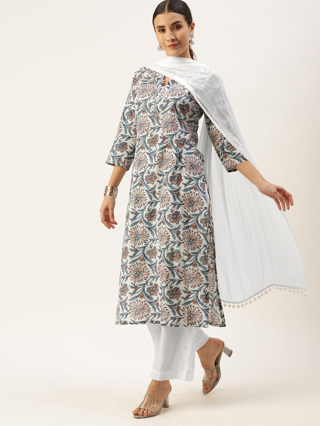 saanjh women white floral printed regular pure cotton kurta with palazzos & with dupatta