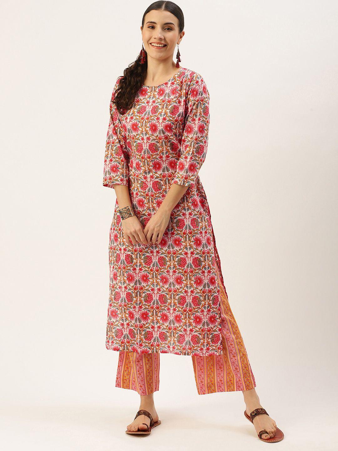 saanjh women white floral printed regular pure cotton kurta with palazzos