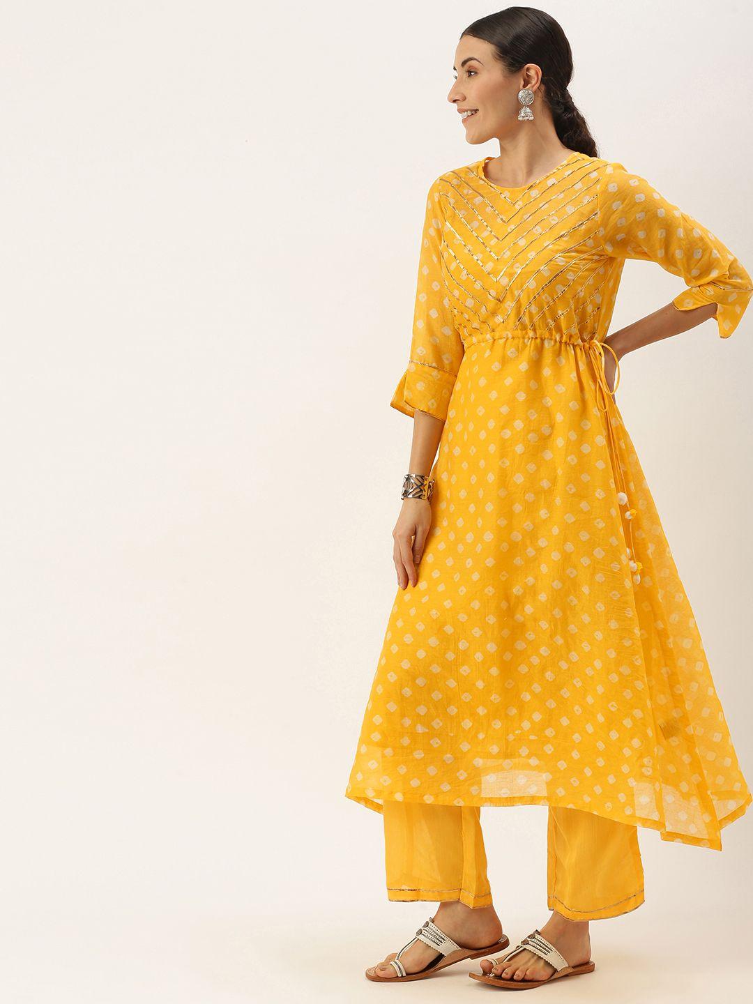 saanjh women yellow bandhani printed regular gotta patti chanderi silk kurta with palazzos