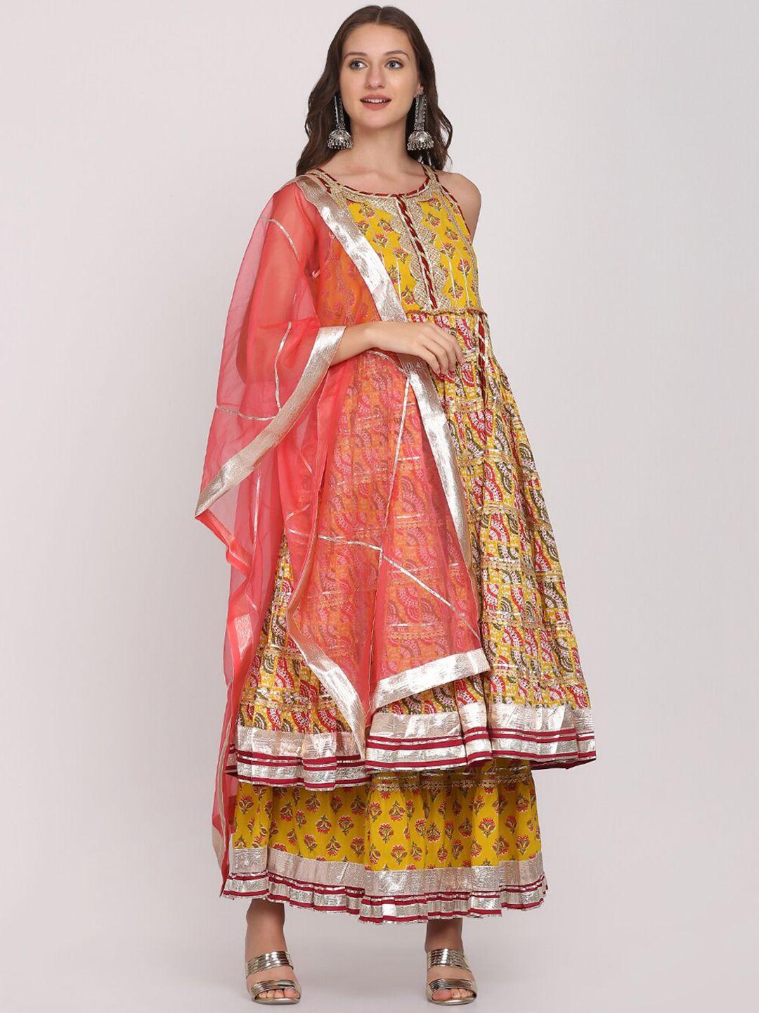 saanjh women yellow ethnic motifs printed regular gotta patti pure cotton kurta with sharara & with dupatta