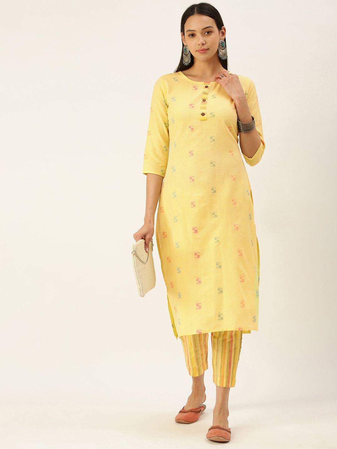 saanjh women yellow woven design pure cotton kurta with trousers