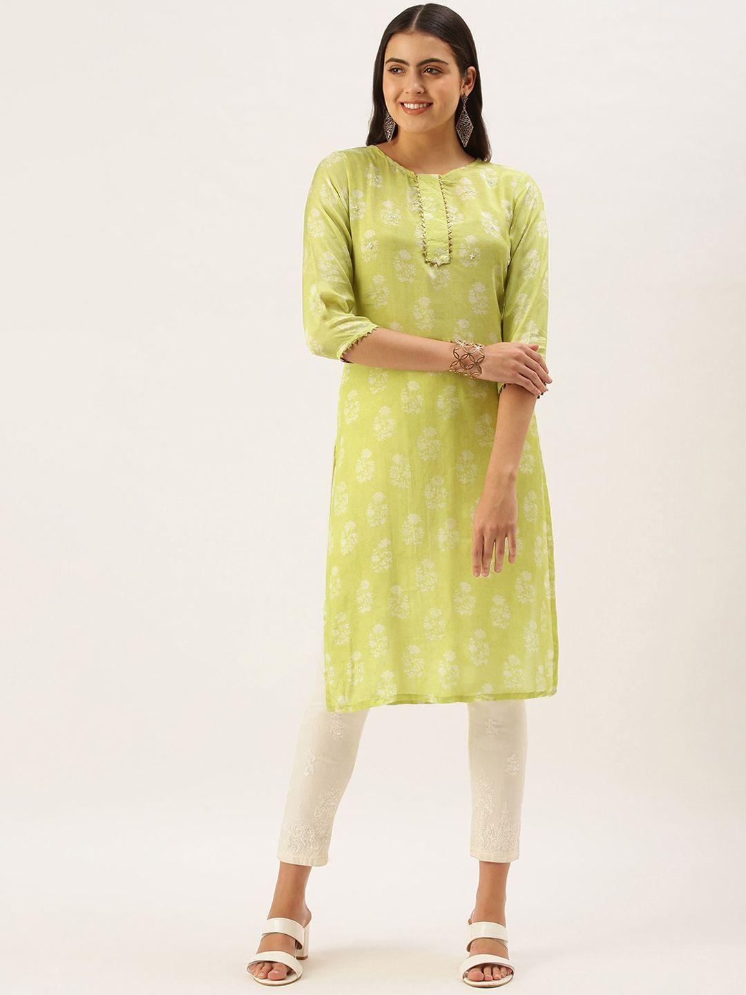 saanjh yellow & white floral printed gotta patti cotton kurta