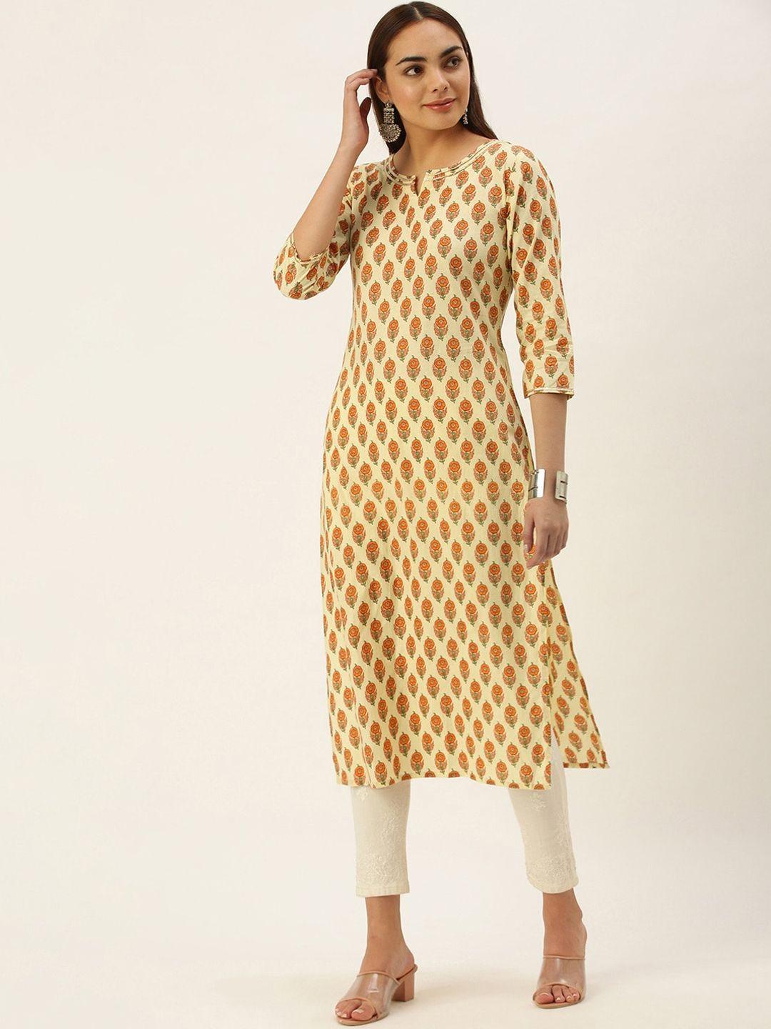 saanjh yellow ethnic motifs printed pure cotton kurta