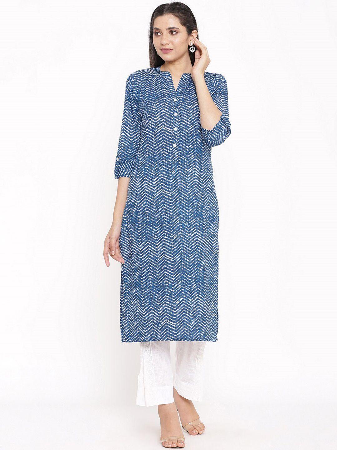 saart bunaai women blue printed angrakha pure cotton kurti with skirt