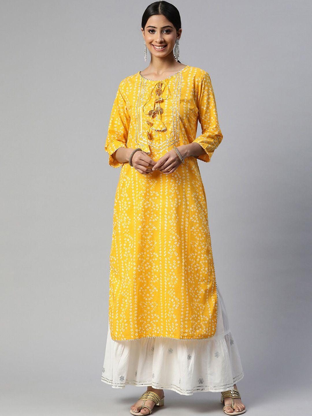 saart bunaai women yellow bandhani printed gotta patti pure cotton kurta with sharara