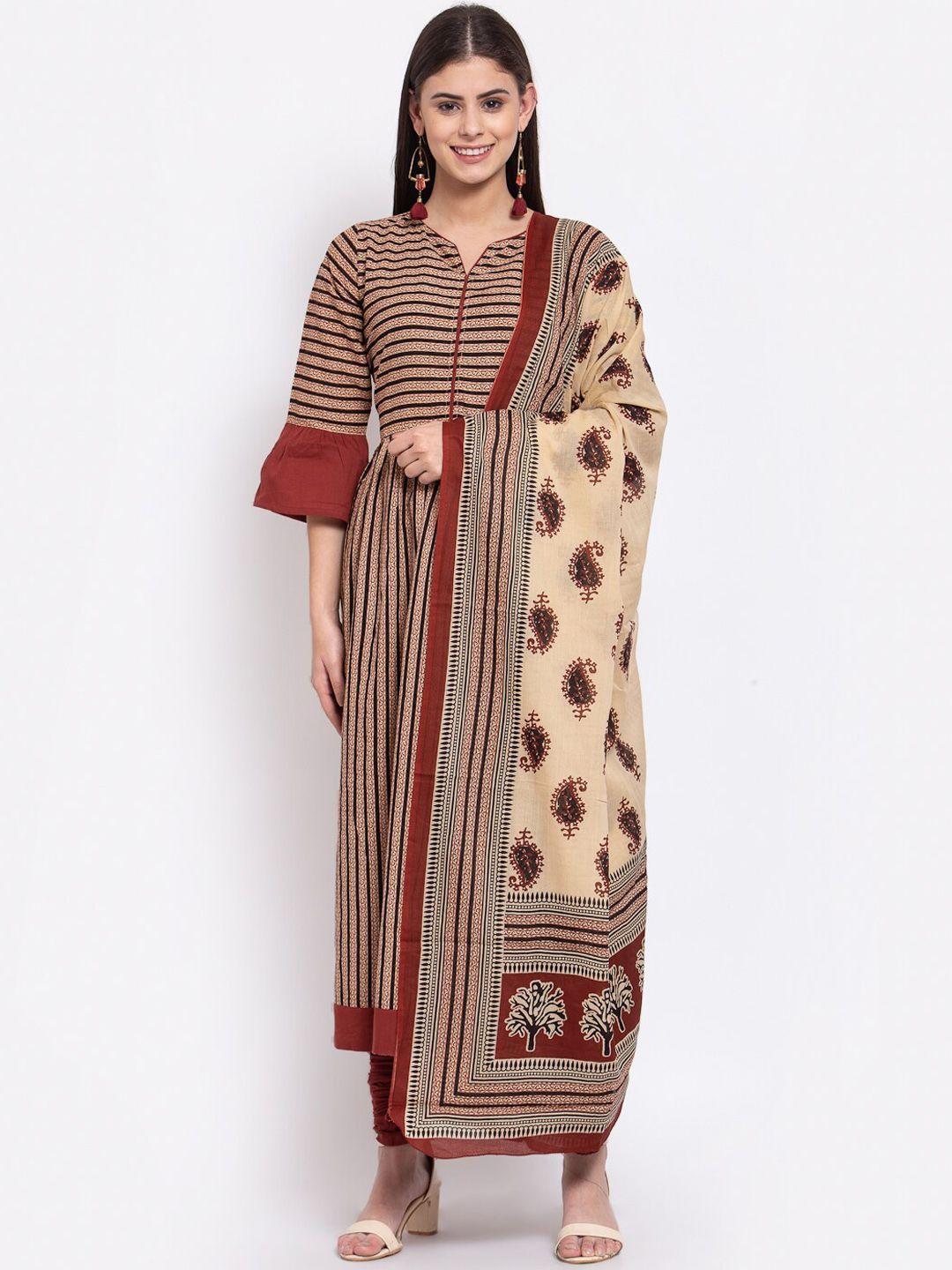 saart bunaai women beige printed pure cotton kurta with churidar & with dupatta