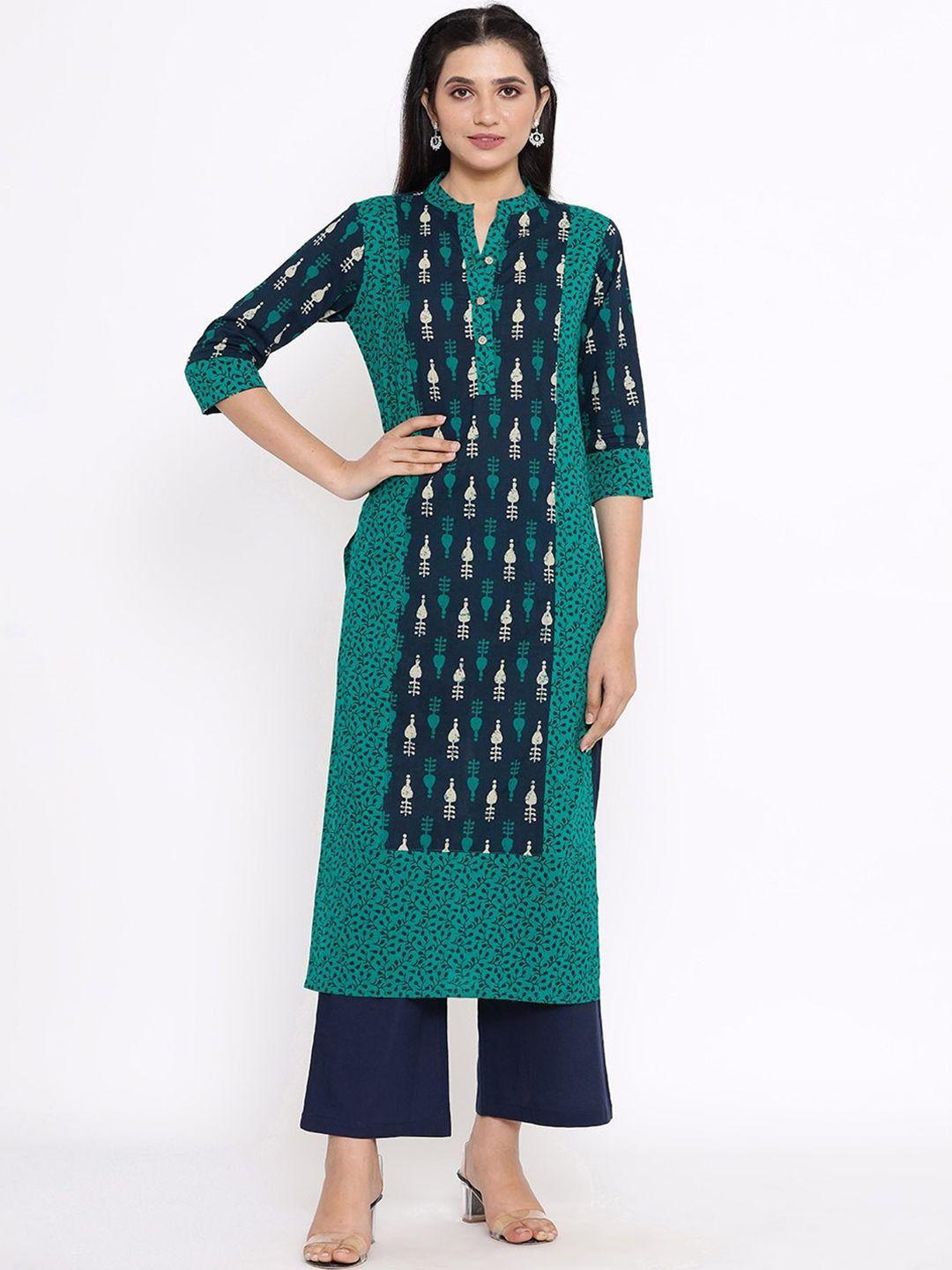 saart bunaai women blue colourblocked layered pure cotton kurta with trousers