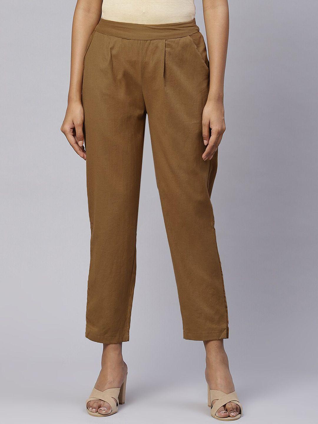 saart bunaai women brown solid pleated cotton trousers