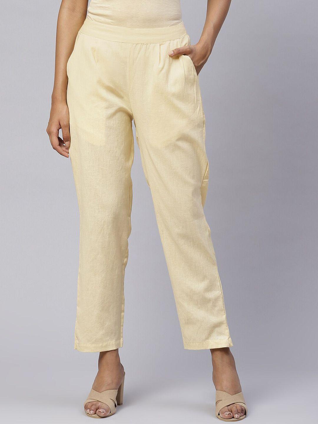 saart bunaai women cream-coloured solid cotton trousers