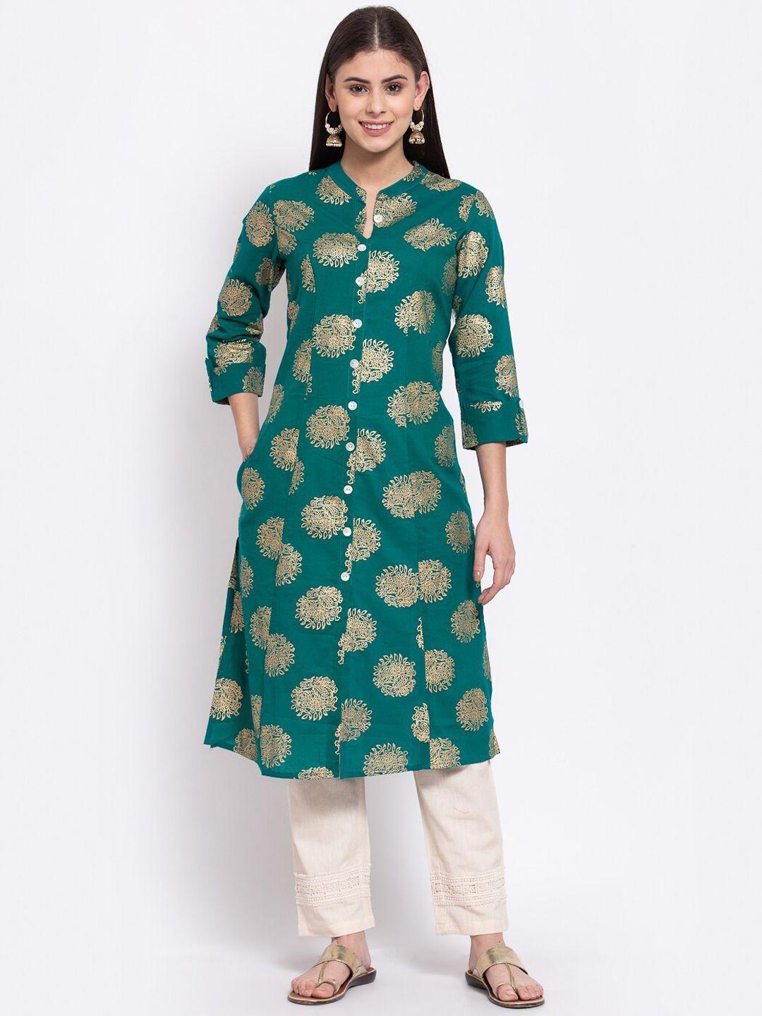 saart bunaai women green ethnic motifs printed cotton kurta