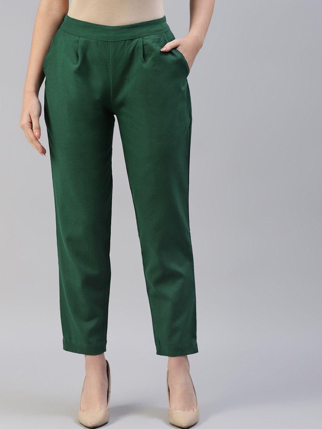 saart bunaai women green solid cotton trousers