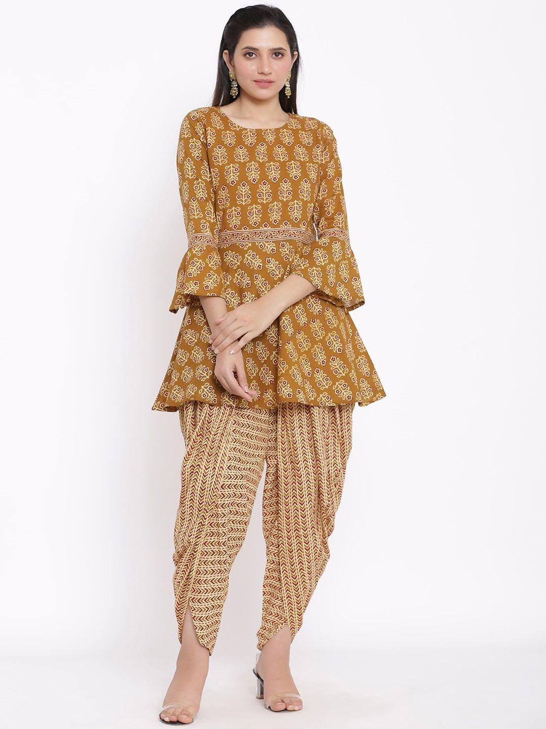 saart bunaai women mustard yellow printed pure cotton kurti with churidar & with dupatta