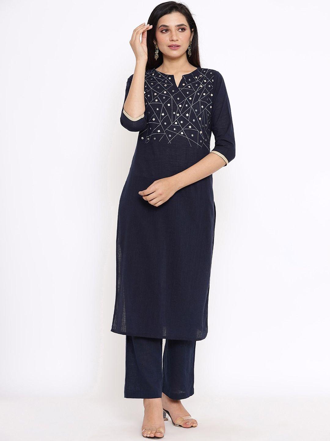 saart bunaai women navy blue striped layered pure cotton kurti with trousers