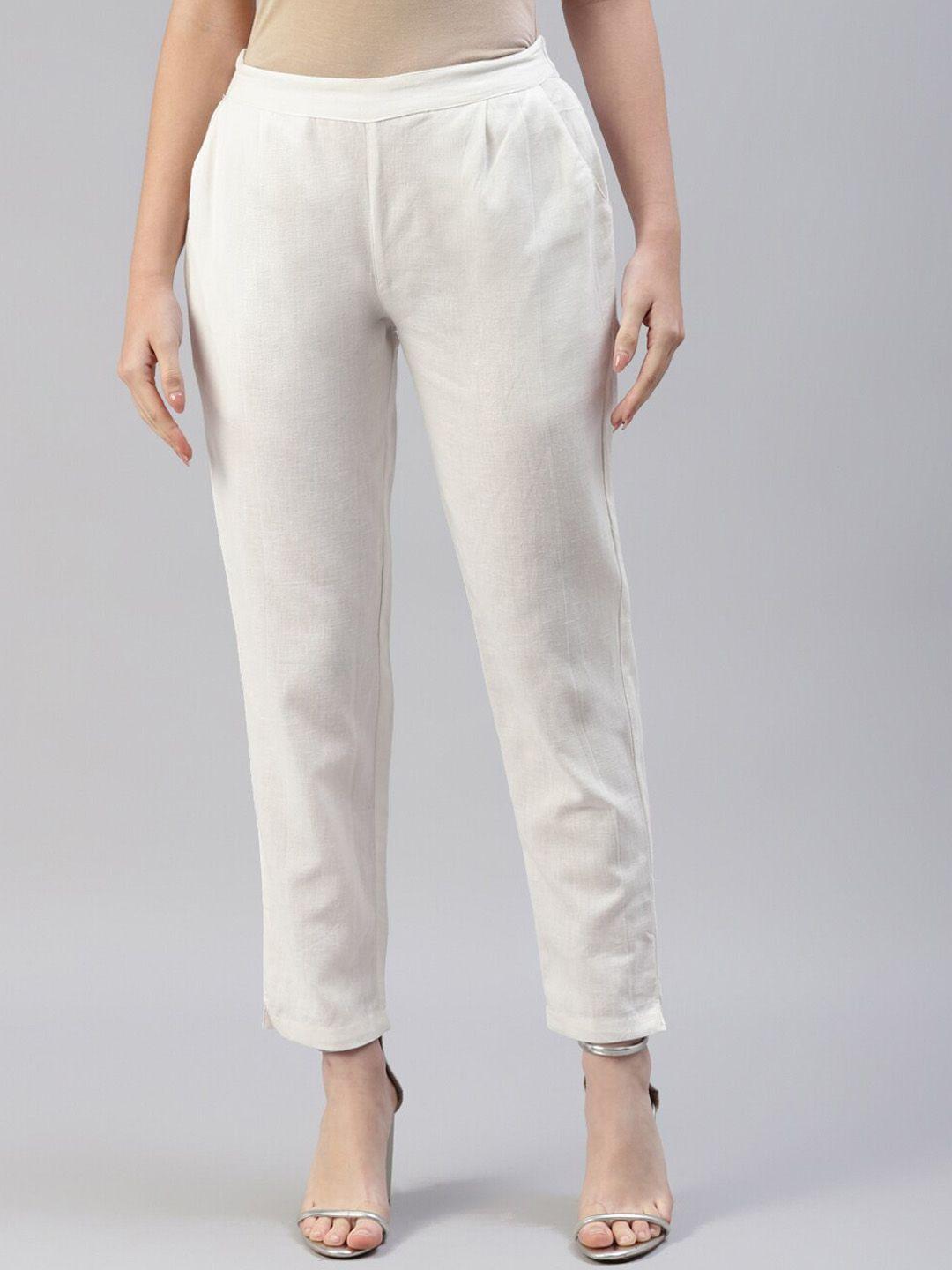 saart bunaai women off white solid cotton trousers