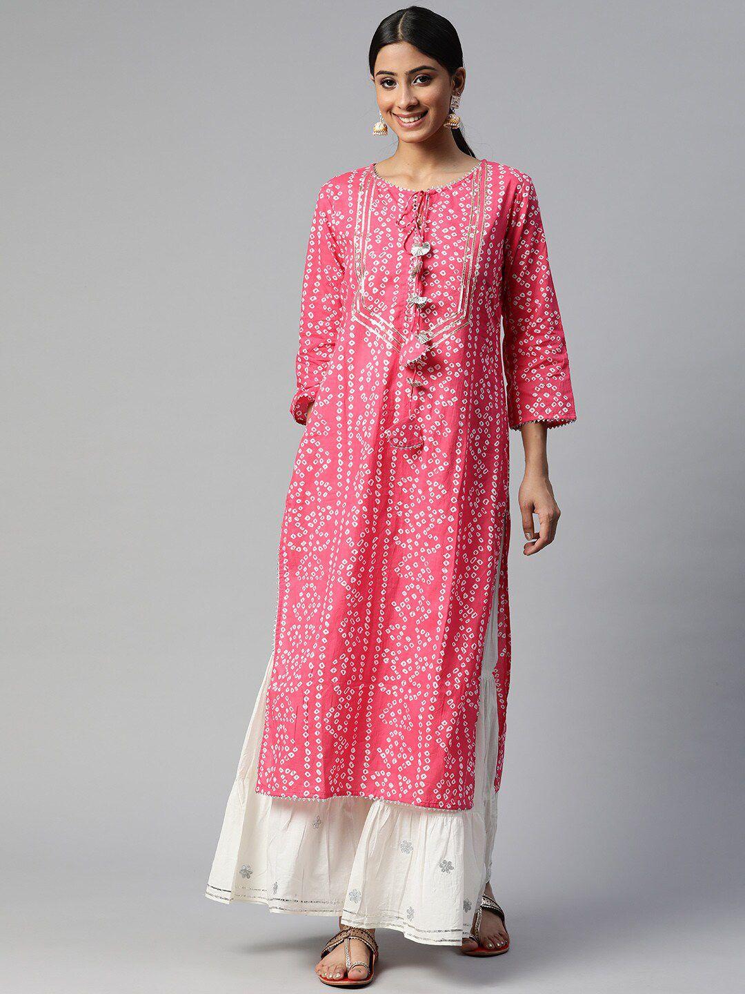 saart bunaai women pink bandhani printed gotta patti pure cotton kurta with sharara