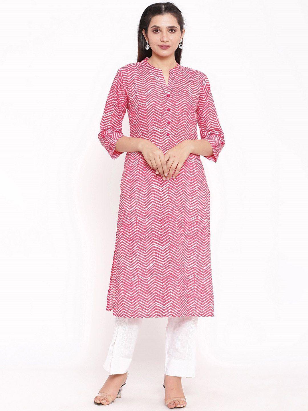 saart bunaai women pink pleated pure cotton kurti with trousers & with dupatta