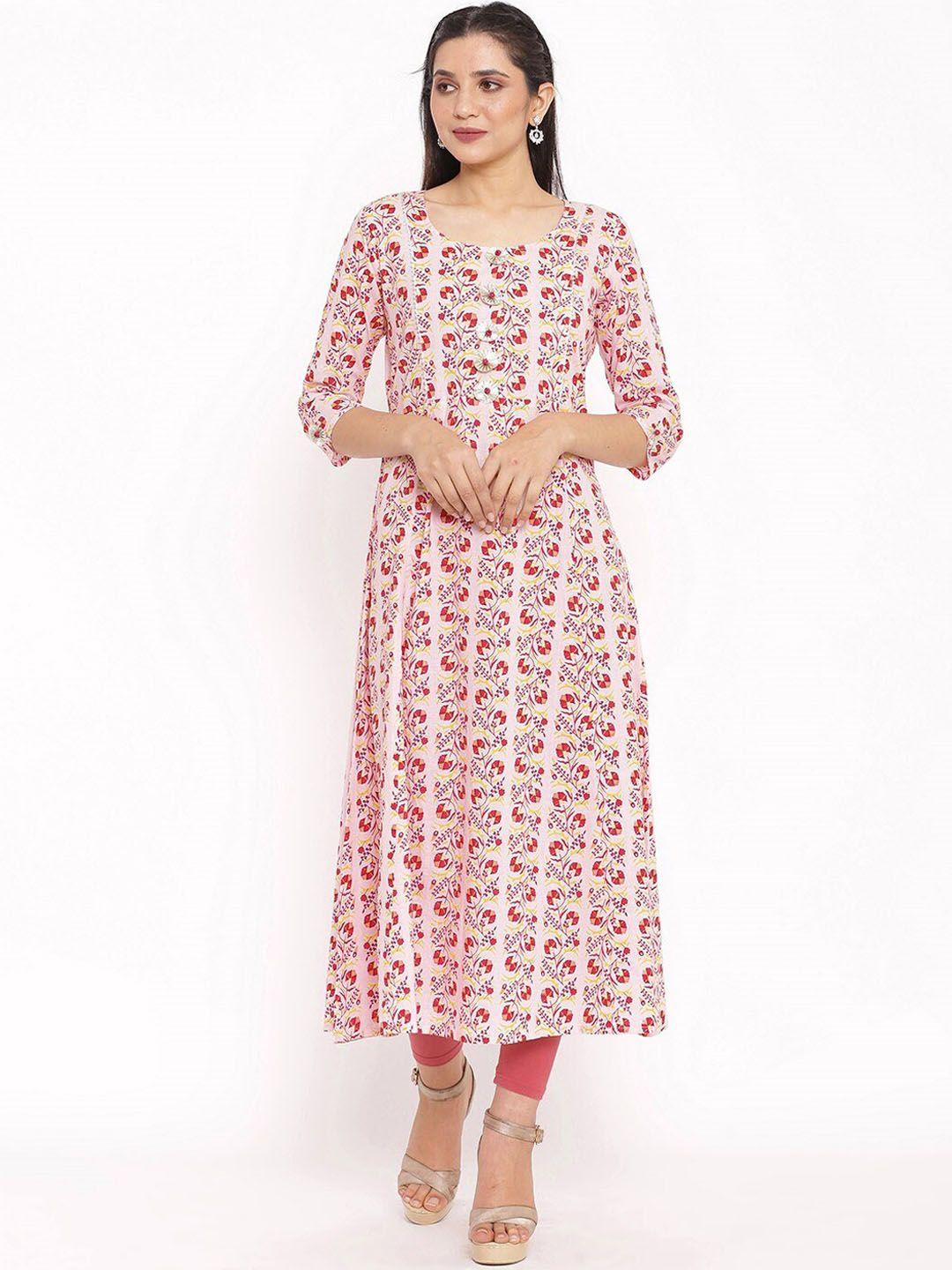 saart bunaai women pink quirky printed mirror work anarkali kurta