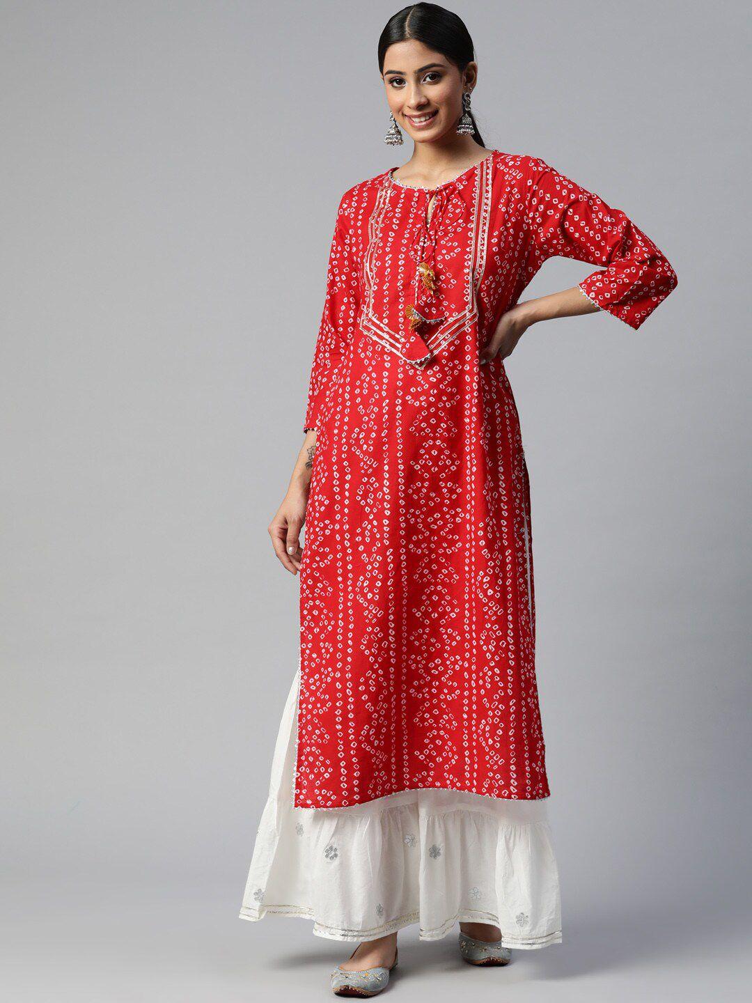 saart bunaai women red bandhani printed gotta patti pure cotton kurta with sharara