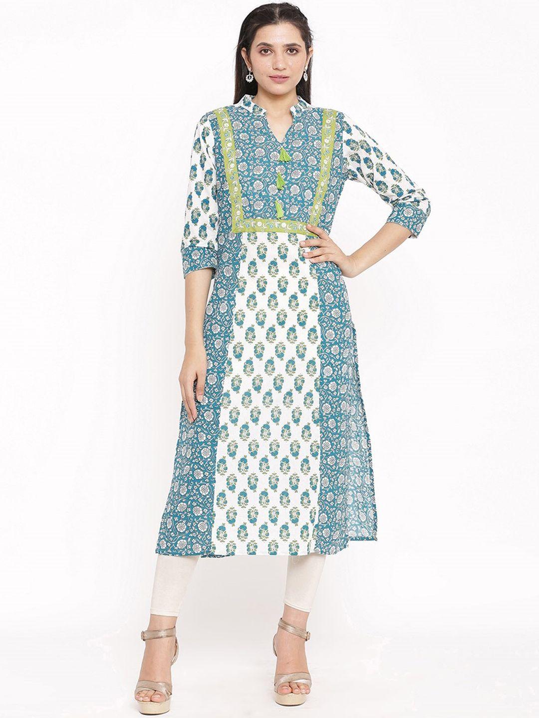 saart bunaai women white floral printed thread work kurta