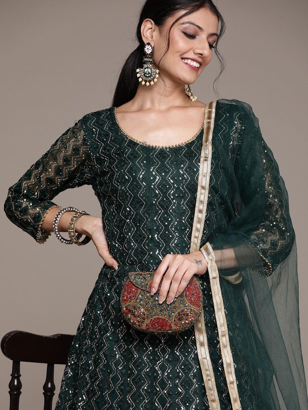 saarya green  chevron printed sequinned gown with dupatta