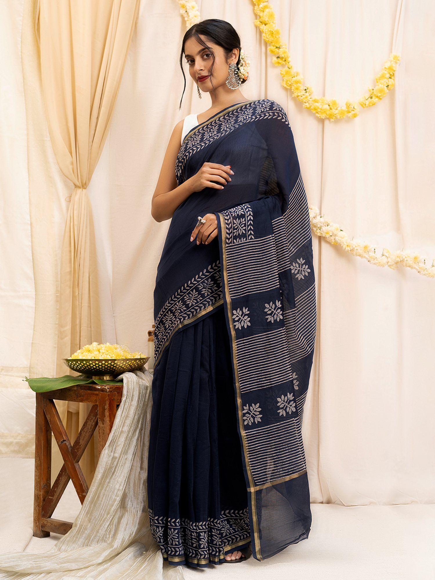 saat samandar navy blue block print chanderi silk saree with unstitched blouse