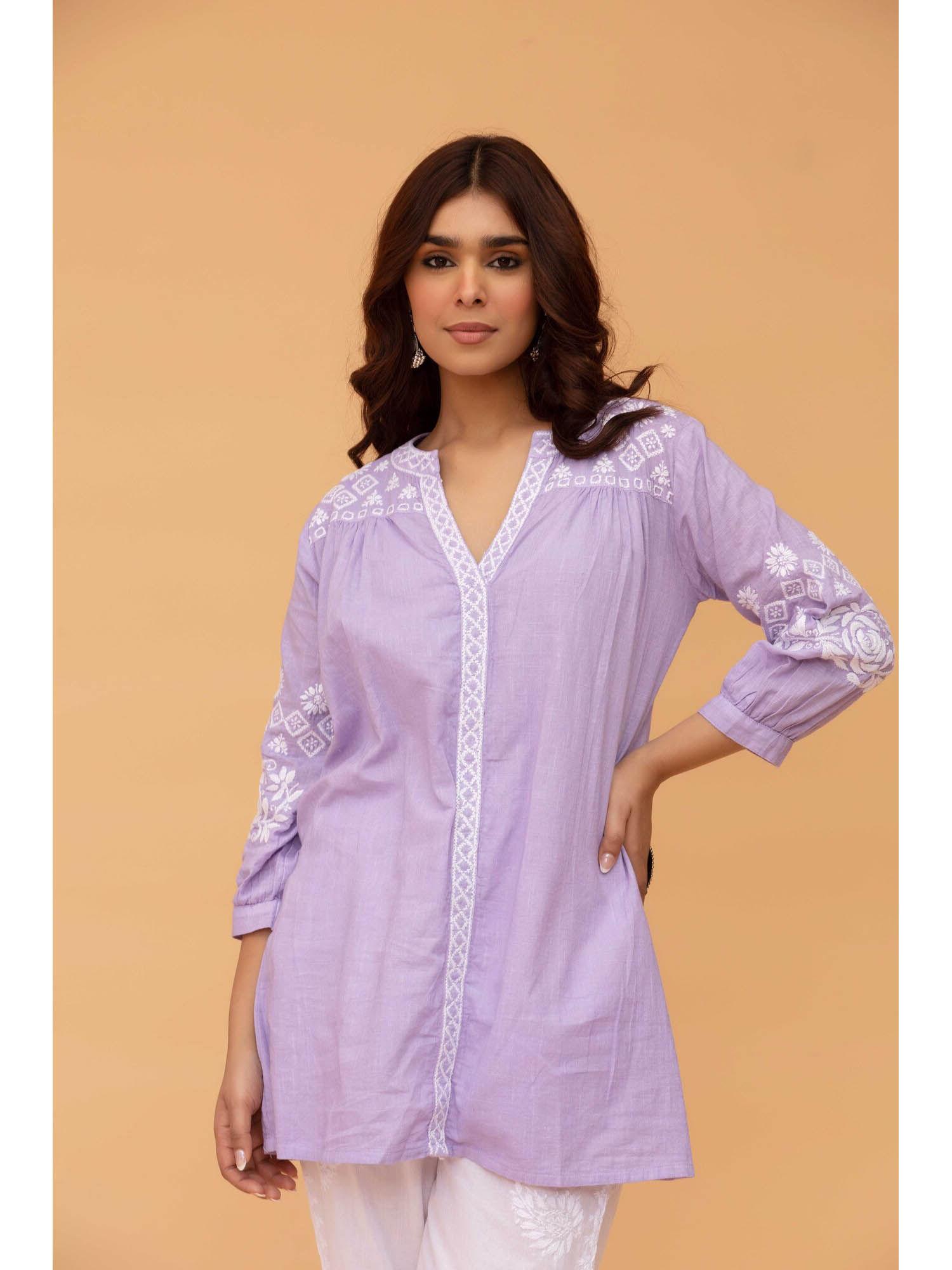 saba chikankari in crepe silk lilac short kurti