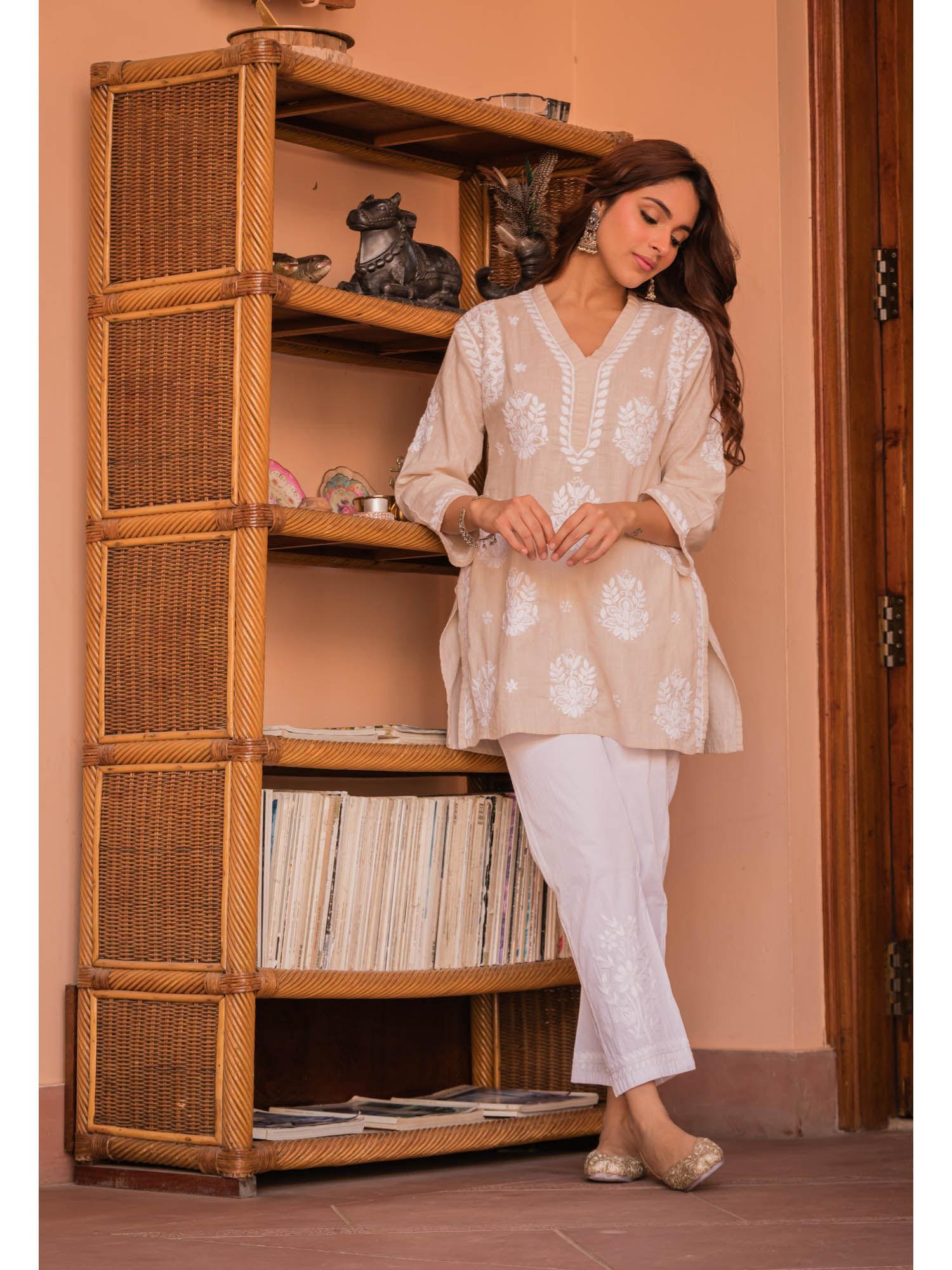 saba chikankari in slob cotton beige short kurti