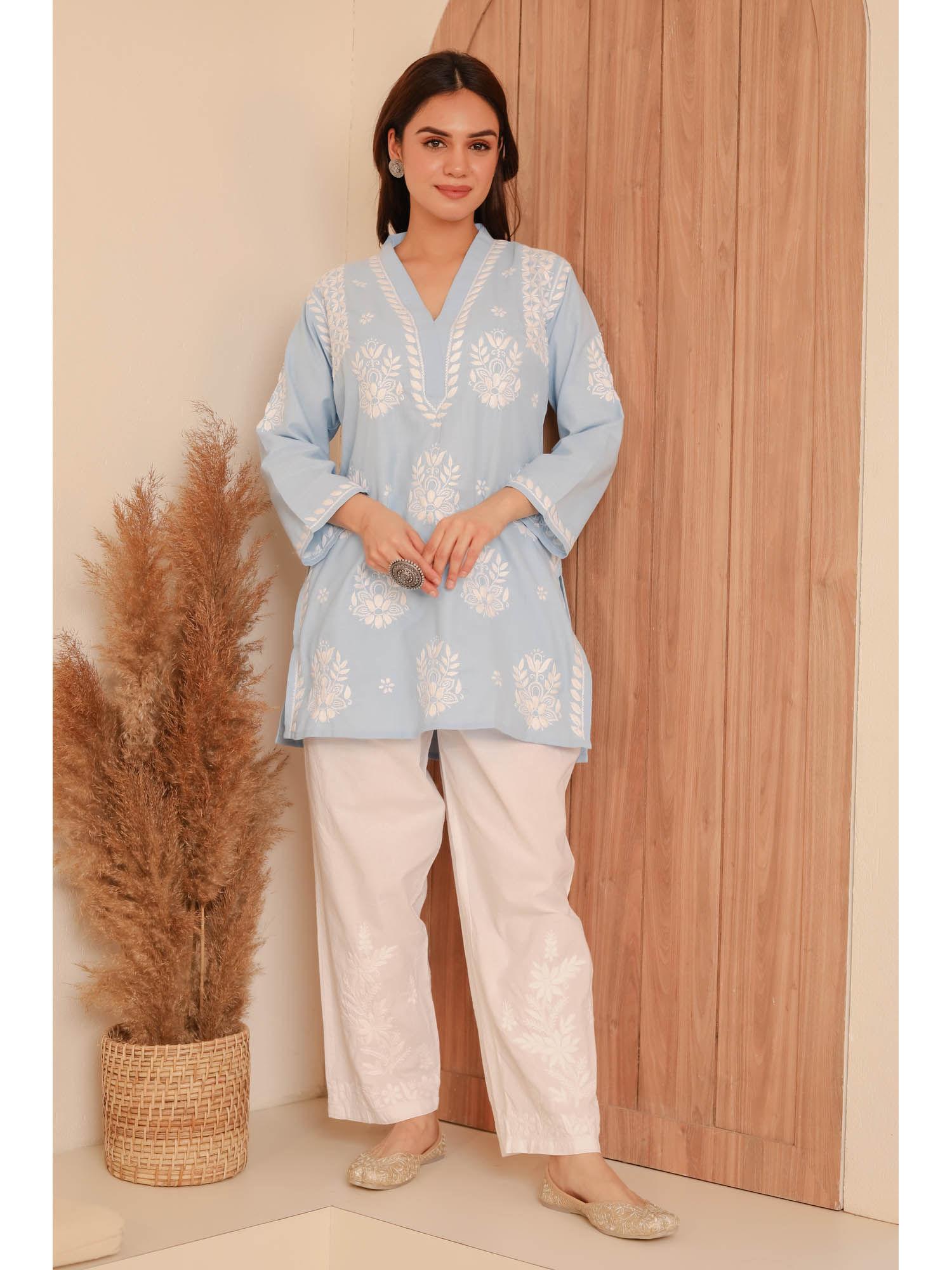 saba chikankari in slob cotton powder blue short kurti