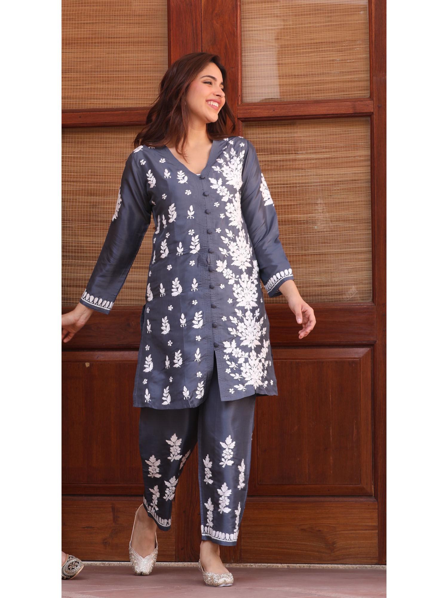 saba chikankari kurta & pant in habutai silk - grey (set of 2)