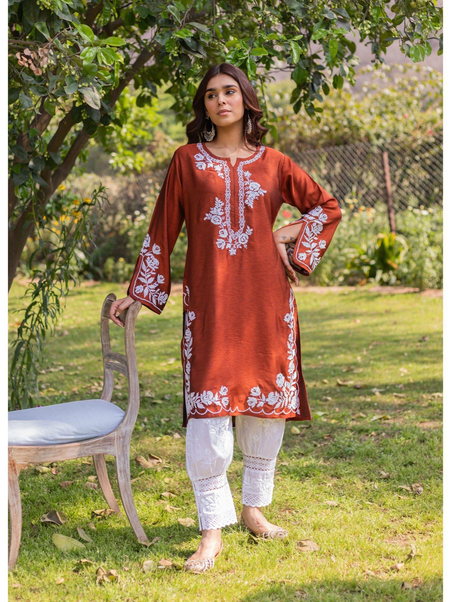 saba chikankari kurta in barfi silk chutney