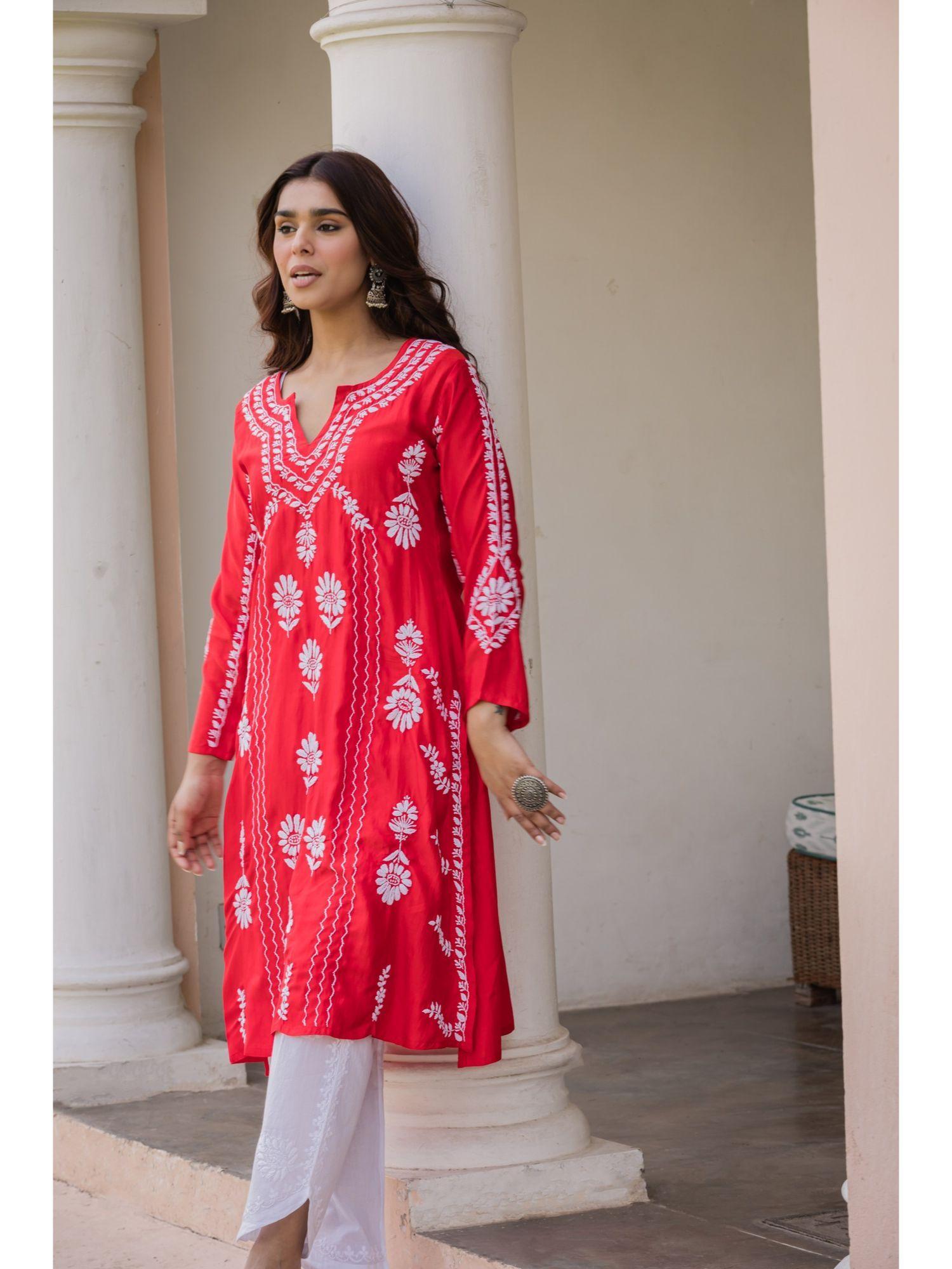 saba chikankari kurta in barfi silk red