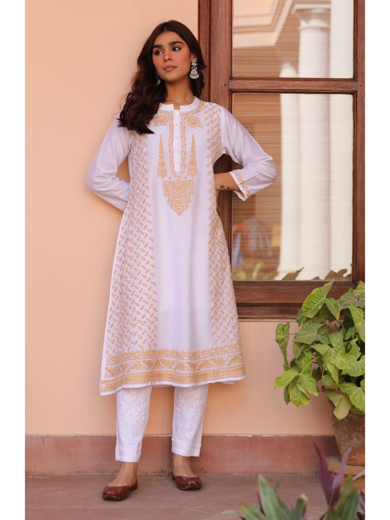 saba chikankari kurta in chanderi silk with white